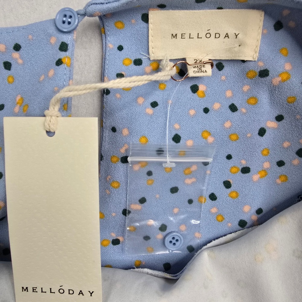 Melloday Womens Top 2X Blue Gold Green Dot 3/4 Sleeve Keyhole‎ Blouse - Picture 6 of 8